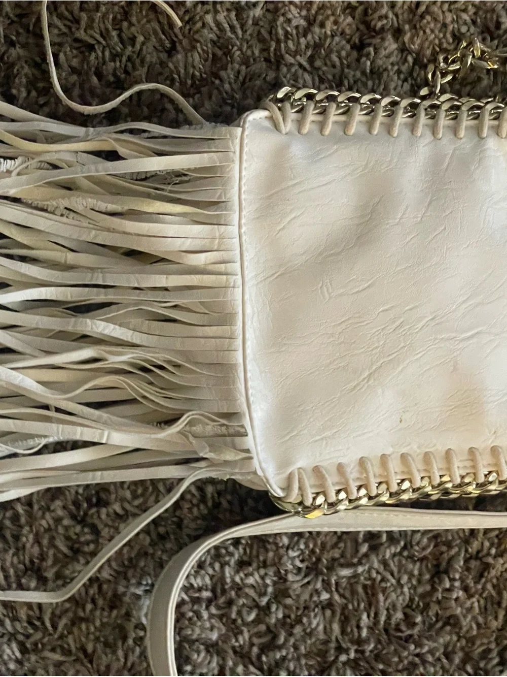 Off White Fringe Crossbody Bag with Chain Detail